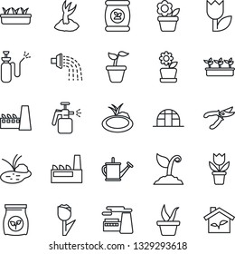 Thin Line Icon Set - factory vector, flower in pot, seedling, watering can, sproute, pruner, greenhouse, pond, garden sprayer, fertilizer, tulip, eco house