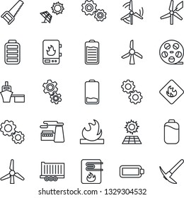 Thin Line Icon Set - factory vector, saw, truck trailer, sea port, flammable, reel, battery, low, sun panel, windmill, water heater, gear, hard work