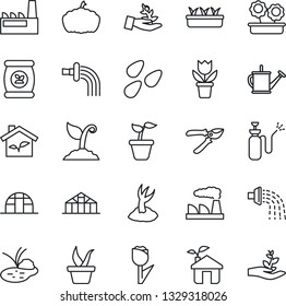 Thin Line Icon Set - factory vector, flower in pot, seedling, watering can, sproute, pruner, pumpkin, greenhouse, seeds, pond, garden sprayer, fertilizer, tulip, eco house, palm