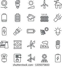 Thin Line Icon Set - factory vector, oil barrel, battery, low, torch, brightness, charge, sun panel, windmill, heater, eco house, water, bulb, energy saving