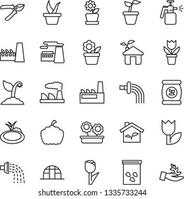Thin Line Icon Set - factory vector, flower in pot, seedling, watering, sproute, pruner, pumpkin, greenhouse, seeds, pond, garden sprayer, fertilizer, tulip, eco house, palm