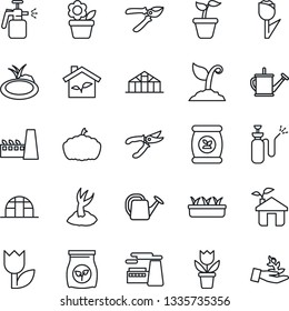 Thin Line Icon Set - factory vector, flower in pot, seedling, watering can, sproute, pruner, pumpkin, greenhouse, pond, garden sprayer, fertilizer, tulip, eco house, palm