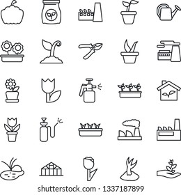 Thin Line Icon Set - factory vector, flower in pot, seedling, watering can, sproute, pruner, pumpkin, greenhouse, pond, garden sprayer, fertilizer, tulip, eco house, palm