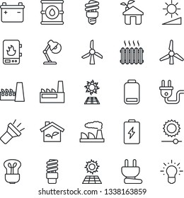 Thin Line Icon Set - factory vector, oil barrel, low battery, torch, brightness, desk lamp, sun panel, windmill, heater, eco house, power plug, water, bulb, energy saving, idea