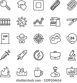 Thin Line Icon Set - factory vector, pruner, syringe, microscope, doctor, virus, 24 hours, flammable, stop button, charge, paper clip, point graph, target, pool, fence, key, sweet home, coffee, case