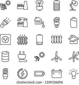 Thin Line Icon Set - factory vector, oil barrel, battery, low, torch, charge, desk lamp, sun panel, windmill, heater, home control, eco house, socket, power plug, radiator, bulb, energy saving, idea