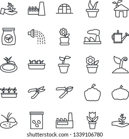 Thin Line Icon Set - factory vector, flower in pot, seedling, watering can, sproute, pruner, pumpkin, greenhouse, seeds, pond, fertilizer, eco house, palm