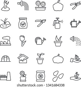 Thin Line Icon Set - factory vector, seedling, watering can, sproute, pruner, pumpkin, greenhouse, seeds, pond, garden sprayer, fertilizer, tulip, flower in pot, eco house, palm