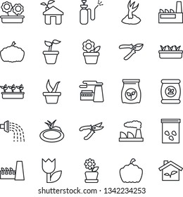 Thin Line Icon Set - factory vector, flower in pot, seedling, watering, sproute, pruner, pumpkin, seeds, pond, garden sprayer, fertilizer, tulip, eco house
