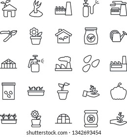 Thin Line Icon Set - factory vector, flower in pot, seedling, watering can, sproute, pruner, pumpkin, greenhouse, seeds, garden sprayer, fertilizer, eco house, palm