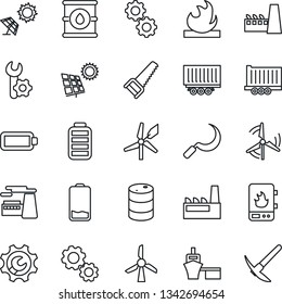 Thin Line Icon Set - factory vector, saw, sickle, truck trailer, sea port, flammable, oil barrel, battery, low, root setup, sun panel, windmill, water heater, gear, hard work