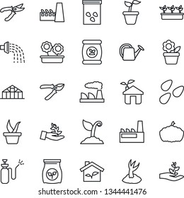 Thin Line Icon Set - factory vector, flower in pot, seedling, watering can, sproute, pruner, pumpkin, greenhouse, seeds, garden sprayer, fertilizer, eco house, palm