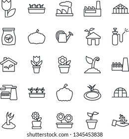 Thin Line Icon Set - factory vector, flower in pot, seedling, watering can, sproute, pumpkin, greenhouse, pond, garden sprayer, fertilizer, tulip, eco house, palm