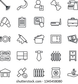 Thin Line Icon Set - factory vector, fence, rake, sickle, fertilizer, pills, broken bone, patient, satellite, cash, consolidated cargo, warehouse, clipboard, case, archive box, plan, heater, cafe