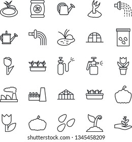 Thin Line Icon Set - factory vector, flower in pot, watering can, sproute, seedling, pumpkin, greenhouse, seeds, pond, garden sprayer, fertilizer, tulip, palm