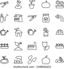Thin Line Icon Set - factory vector, seedling, watering can, sproute, pruner, pumpkin, greenhouse, seeds, pond, garden sprayer, fertilizer, tulip, flower in pot, eco house, palm