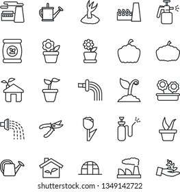 Thin Line Icon Set - factory vector, flower in pot, seedling, watering can, sproute, pruner, pumpkin, greenhouse, garden sprayer, fertilizer, tulip, eco house, palm