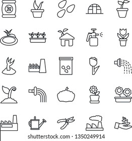 Thin Line Icon Set - factory vector, flower in pot, seedling, watering can, sproute, pruner, pumpkin, greenhouse, seeds, pond, garden sprayer, fertilizer, tulip, eco house, palm
