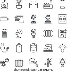 Thin Line Icon Set - factory vector, fire, oil barrel, battery, low, desk lamp, sun panel, heater, home control, socket, power plug, water, radiator, bulb, energy saving, windmill, idea