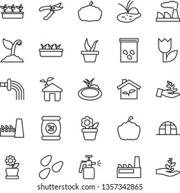 Thin Line Icon Set - factory vector, flower in pot, seedling, watering, sproute, pruner, pumpkin, greenhouse, seeds, pond, garden sprayer, fertilizer, tulip, eco house, palm