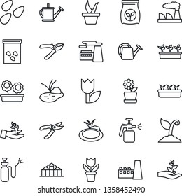 Thin Line Icon Set - factory vector, flower in pot, seedling, watering can, sproute, pruner, greenhouse, seeds, pond, garden sprayer, fertilizer, tulip, palm