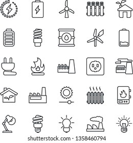 Thin Line Icon Set - factory vector, fire, oil barrel, battery, low, brightness, charge, desk lamp, heater, eco house, socket, power plug, water, radiator, bulb, energy saving, windmill, idea