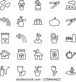 Thin Line Icon Set - factory vector, flower in pot, seedling, watering can, sproute, pruner, pumpkin, greenhouse, seeds, garden sprayer, fertilizer, tulip, eco house, palm