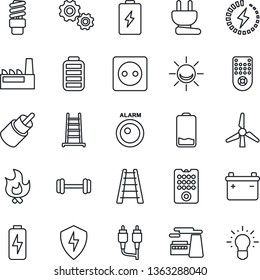 Thin Line Icon Set - factory vector, ladder, fire, barbell, remote control, battery, low, rca, protect, charge, windmill, socket, power plug, energy saving bulb, alarm led, gear, idea