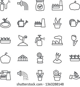 Thin Line Icon Set - factory vector, flower in pot, seedling, watering can, sproute, pumpkin, greenhouse, pond, garden sprayer, fertilizer, tulip, palm