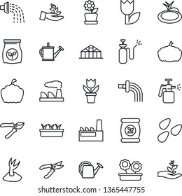 Thin Line Icon Set - factory vector, flower in pot, watering can, sproute, pruner, seedling, pumpkin, greenhouse, seeds, pond, garden sprayer, fertilizer, tulip, palm