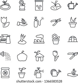 Thin Line Icon Set - factory vector, flower in pot, seedling, watering can, sproute, pruner, pumpkin, greenhouse, seeds, pond, garden sprayer, fertilizer, tulip, eco house, palm
