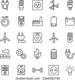 Thin Line Icon Set - factory vector, fire, barbell, remote control, speaker, battery, low, rca, windmill, socket, power plug, energy saving bulb, alarm led, gear, idea