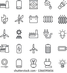 Thin Line Icon Set - factory vector, fire, oil barrel, battery, low, torch, brightness, charge, windmill, heater, home control, power plug, radiator, bulb, sun panel, idea
