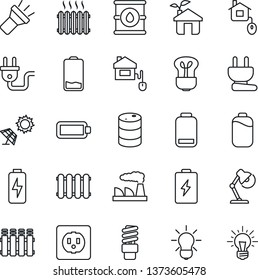 Thin Line Icon Set - factory vector, oil barrel, low battery, torch, charge, desk lamp, heater, home control, eco house, socket, power plug, radiator, bulb, energy saving, sun panel, idea