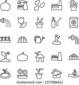 Thin Line Icon Set - factory vector, flower in pot, seedling, watering can, sproute, pumpkin, greenhouse, seeds, pond, garden sprayer, fertilizer, tulip, eco house, palm