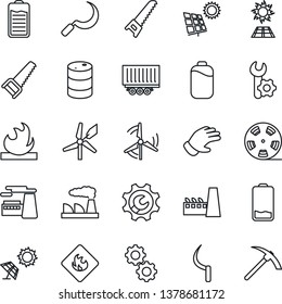 Thin Line Icon Set - factory vector, glove, saw, sickle, truck trailer, flammable, oil barrel, reel, battery, low, root setup, sun panel, windmill, gear, hard work