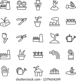 Thin Line Icon Set - factory vector, flower in pot, seedling, watering can, sproute, pruner, greenhouse, pond, tulip, eco house, palm