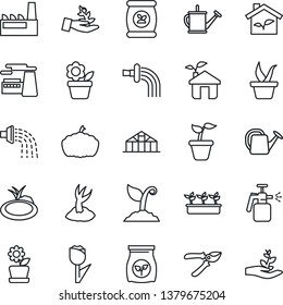 Thin Line Icon Set - factory vector, flower in pot, seedling, watering can, sproute, pruner, pumpkin, greenhouse, pond, garden sprayer, fertilizer, tulip, eco house, palm