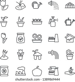 Thin Line Icon Set - factory vector, flower in pot, seedling, watering can, sproute, pumpkin, greenhouse, pond, garden sprayer, fertilizer, tulip, eco house, palm