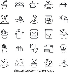 Thin Line Icon Set - factory vector, flower in pot, seedling, watering can, sproute, greenhouse, seeds, pond, garden sprayer, fertilizer, tulip, eco house, palm