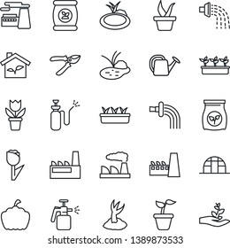 Thin Line Icon Set - factory vector, flower in pot, seedling, watering can, sproute, pruner, pumpkin, greenhouse, pond, garden sprayer, fertilizer, tulip, eco house, palm