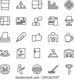Thin Line Icon Set - factory vector, rake, diagnosis, thermometer, 24 hours, consolidated cargo, equalizer, speaker, finger up, calendar, office chair, target, paper tray, hierarchy, garage, drink