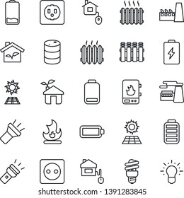 Thin Line Icon Set - factory vector, fire, oil barrel, battery, low, torch, sun panel, heater, home control, eco house, socket, water, radiator, energy saving bulb, idea