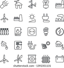 Thin Line Icon Set - factory vector, oil barrel, torch, brightness, charge, sun panel, windmill, heater, home control, eco house, socket, power plug, water, radiator, bulb, energy saving, battery