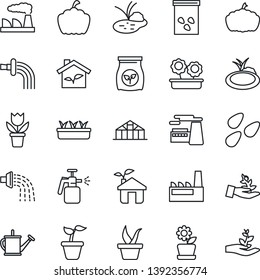 Thin Line Icon Set - factory vector, flower in pot, seedling, watering can, pumpkin, greenhouse, seeds, pond, garden sprayer, fertilizer, eco house, palm sproute