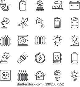 Thin Line Icon Set - factory vector, oil barrel, battery, low, torch, brightness, charge, desk lamp, sun panel, heater, home control, eco house, socket, power plug, water, radiator, bulb, windmill