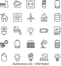Thin Line Icon Set - factory vector, fire, oil barrel, battery, low, desk lamp, sun panel, heater, home control, eco house, socket, water, bulb, energy saving, windmill, idea