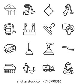 thin line icon set : factory filter, vacuum cleaner, rag, skysrcapers cleaning, scraper, wiping, sponge with foam, plunger, brush, toilet, home call