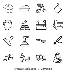thin line icon set : factory filter, washing, vacuum cleaner, rag, clean floor, skysrcapers cleaning, skyscrapers, scraper, plunger, brush, toilet, home call