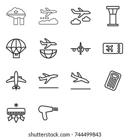 thin line icon set : factory filter, weather management, journey, airport tower, parachute delivery, plane shipping, ticket, airplane, departure, arrival, inflatable mattress, air conditioning
